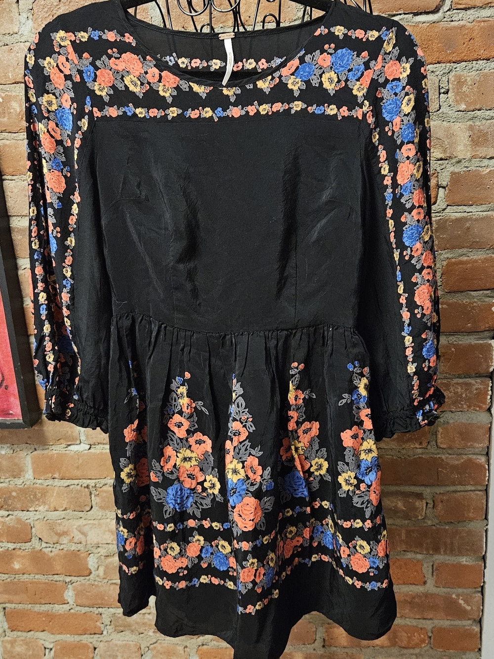 Anthropologie Black Mini Dress with Orange, Blue & Yellow Floral Embroidery